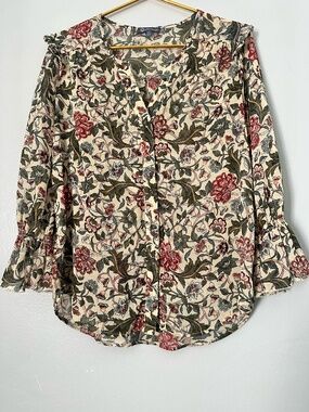 Democracy Elbow Sleeve Ruffle Split Neck Button Down Floral Print Woven Top